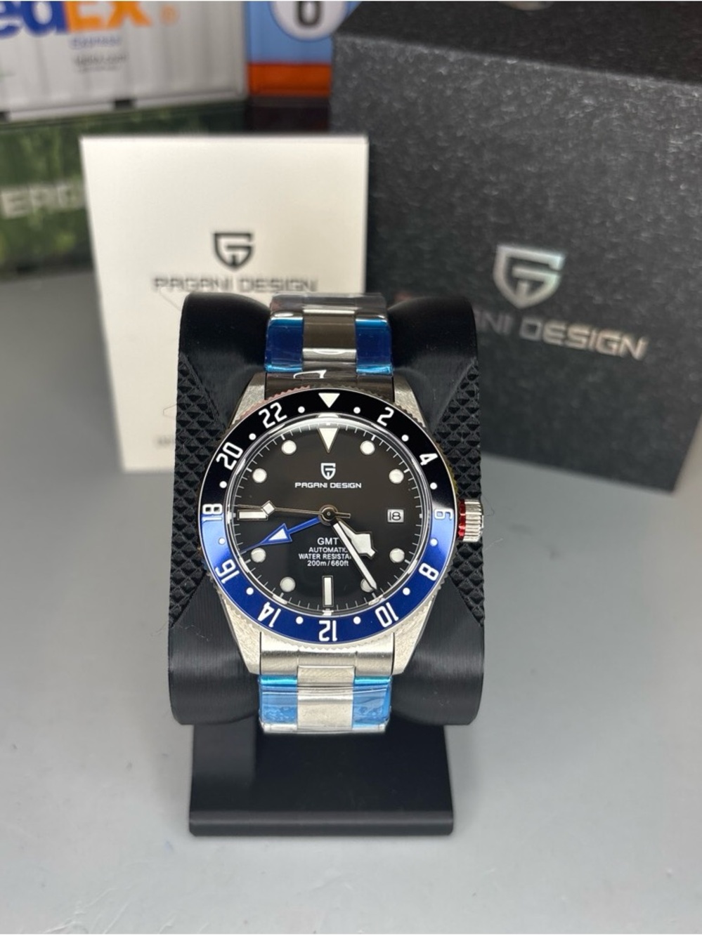 PAGANI DESIGN Black and Blue GMT Automatic Men's Stainless Steel Watch 41mm
